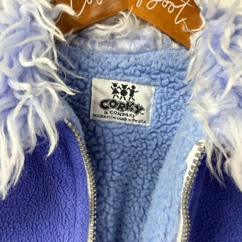 Corky & Company Jacket & Hat Set Vintage Blue Girls M/L Shaggy Faux Fur Trim